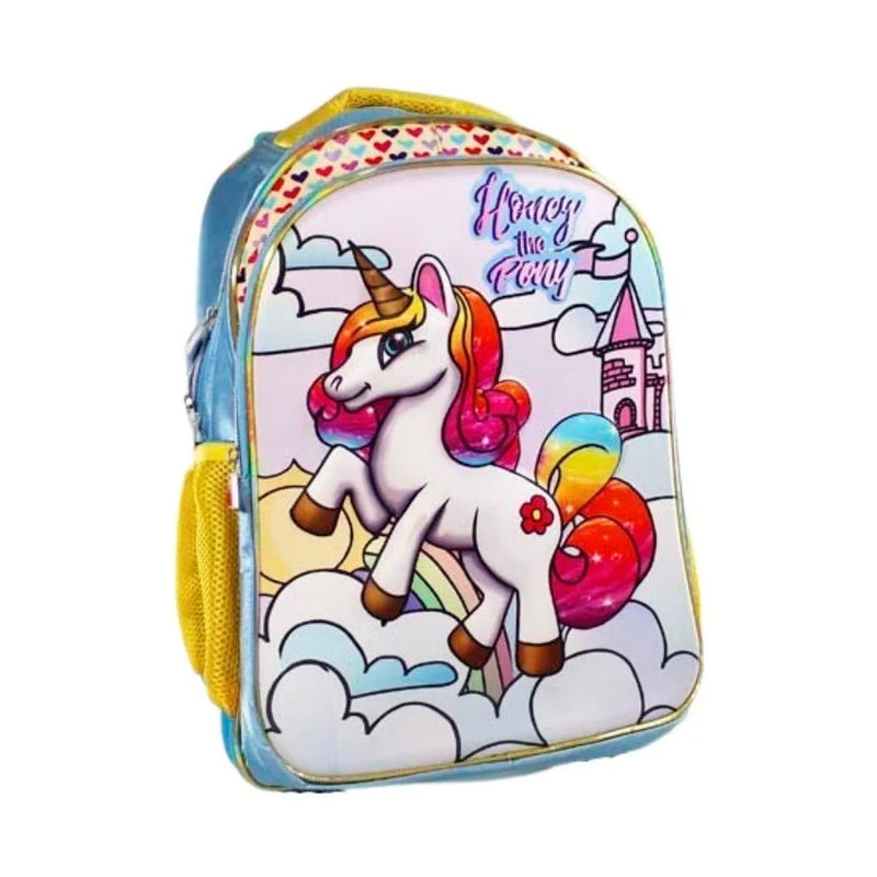 Mochila Unicornio 3d Escolar Juvenil Feminina Estampa Relevo - AZUL COM AMARELO